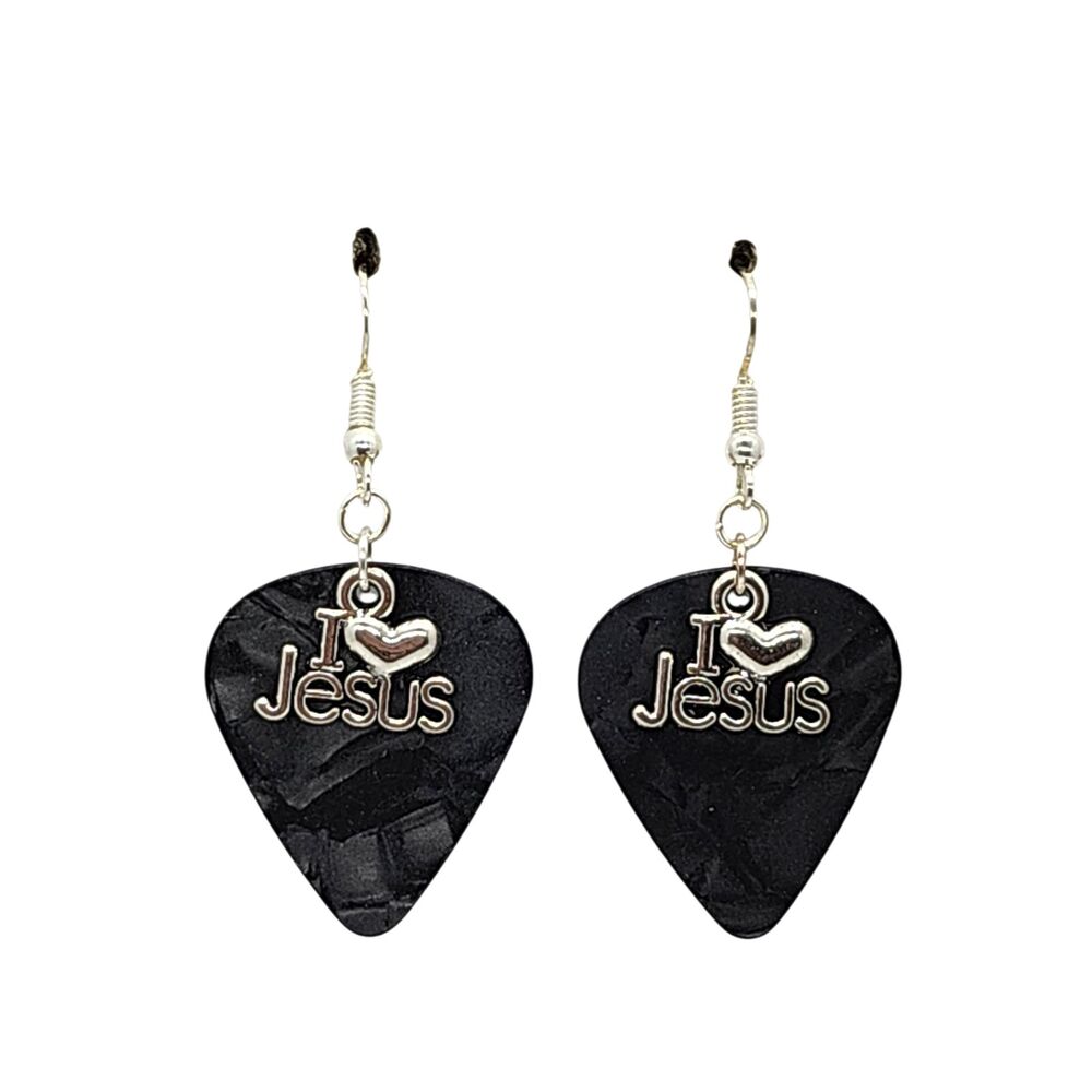 I Love Jesus Charm on Guitar Pick Earrings - Choose Color - Handmade in USA